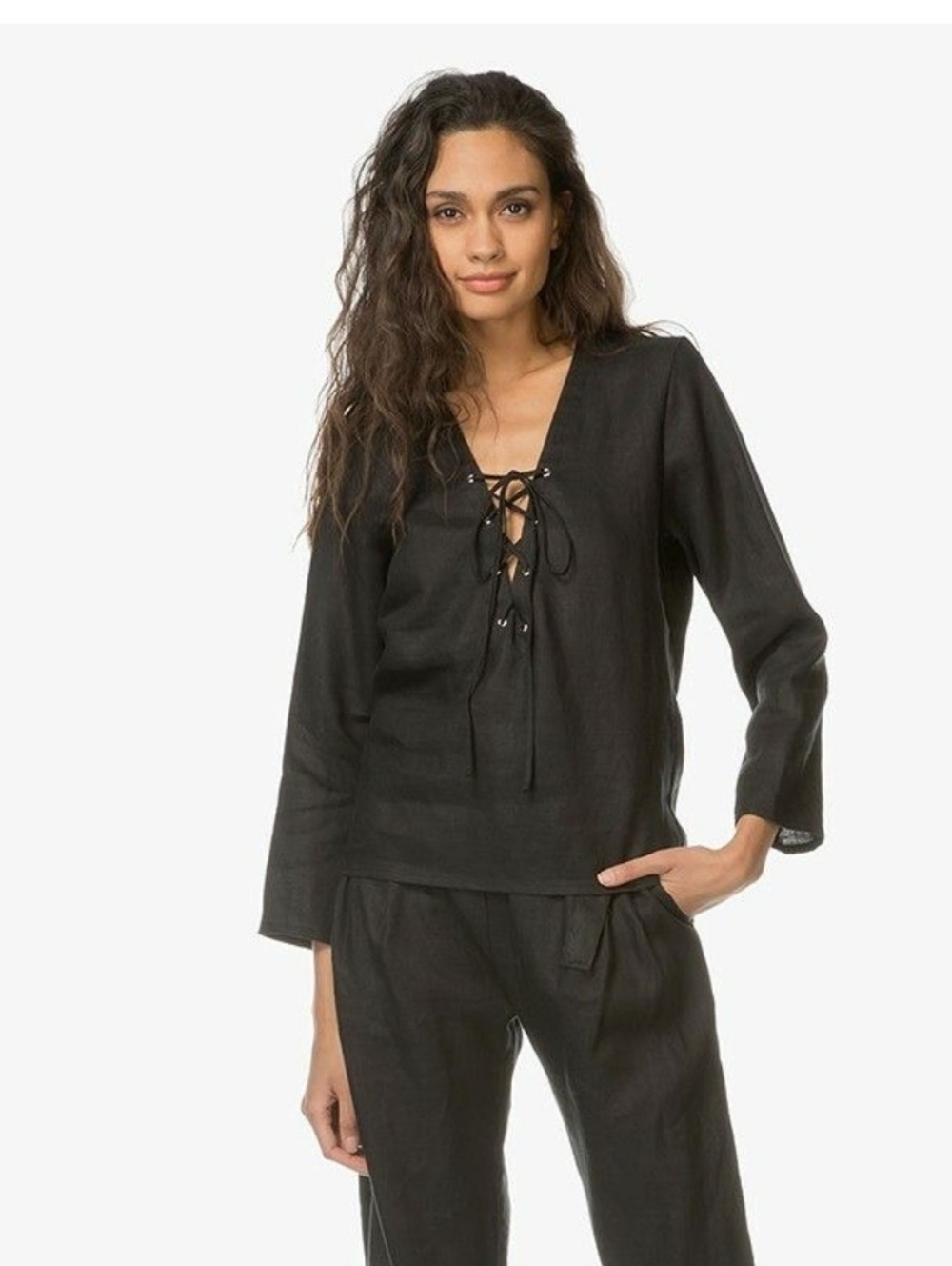 Matin Studio 100% Linen Lace Up Top Navy Blue Size 10 Made In Sydney Australia.
